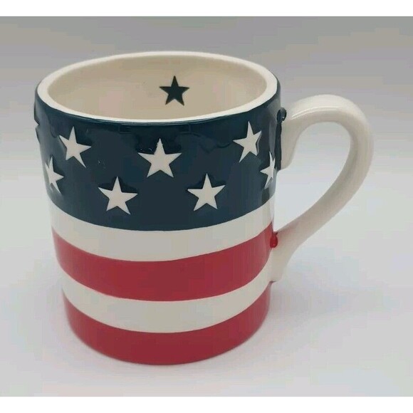 Pier 1 Imports Flag Mug Raised Stars & Stripes Red White & Blue 4th July Patriot - Picture 1 of 7